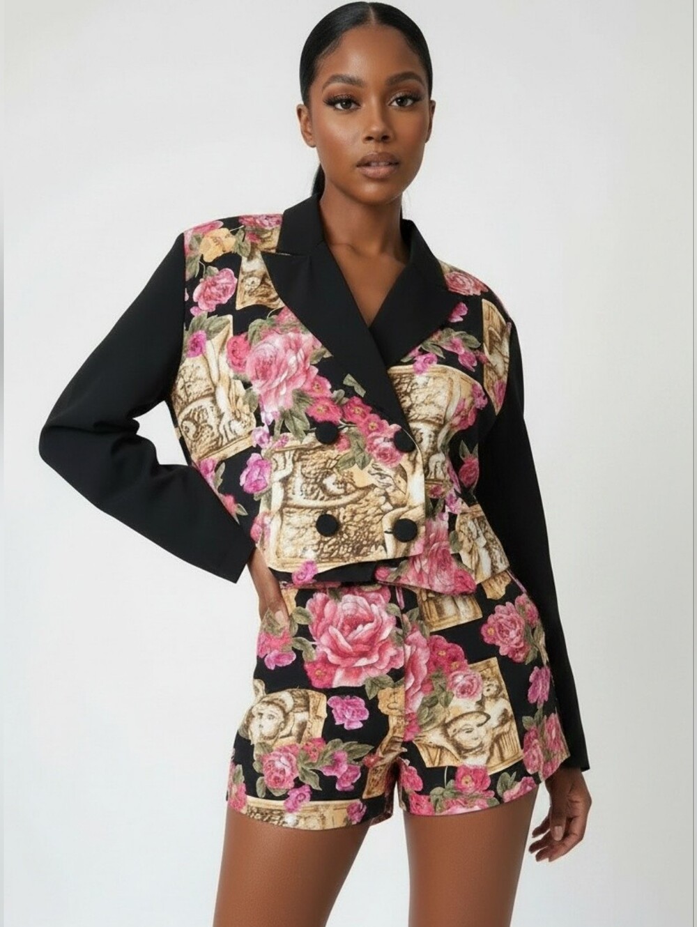 Y2K Rampage Set Black Blazer And Shorts with Pink and Gold Baroque Print